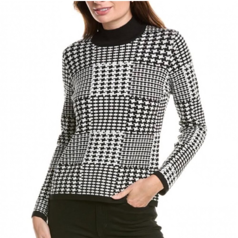 Joseph A Black and Cream Houndstooth Mockneck Sweater